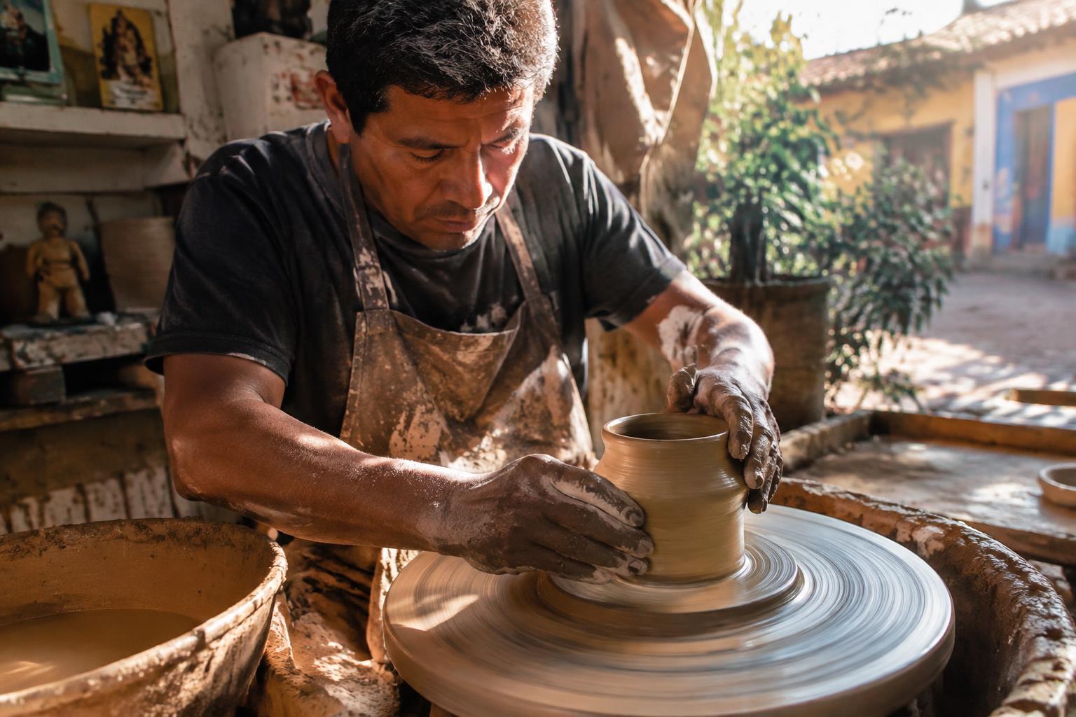 Artesano torneando una pieza de barro en su taller