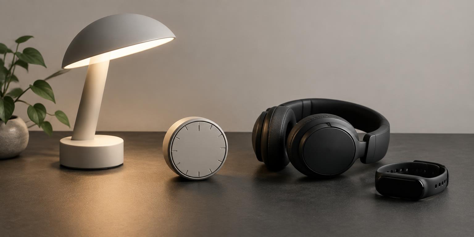 Iluminación de escritorio, temporizador, auriculares y wearable; imagen conceptual de tecnología cotidiana
